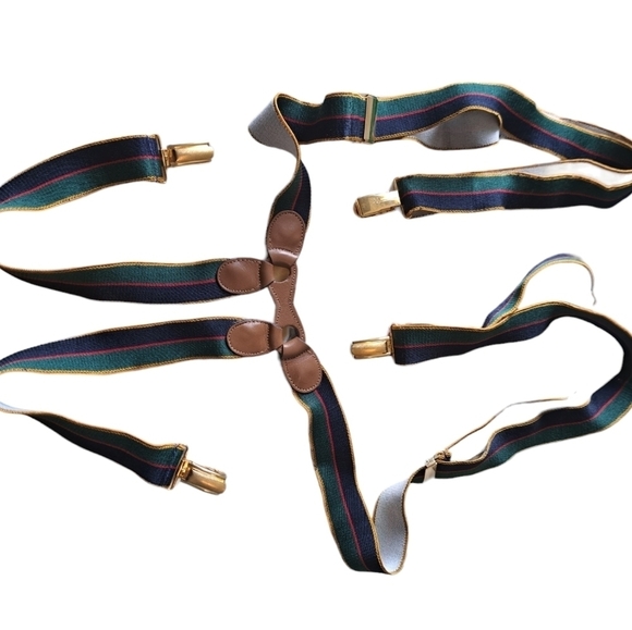 VTG BREVETTE SGDG striped suspenders leather center elastic stretch narrow mens - Picture 2 of 9